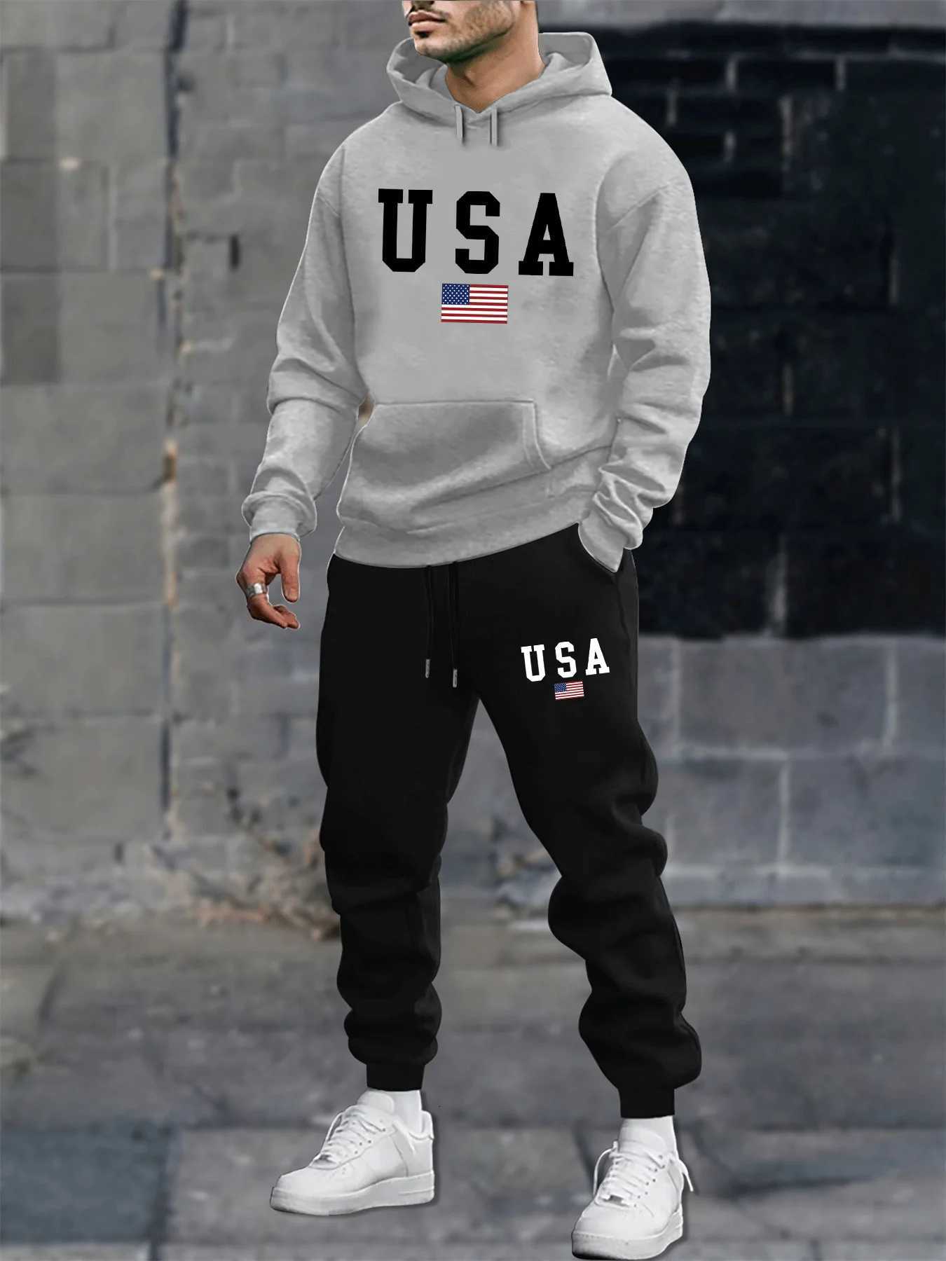 Mens autumn and winter casual fashion warm American flag USA pattern print loose plush thick hooded sweatshirtsweatpants set W251202