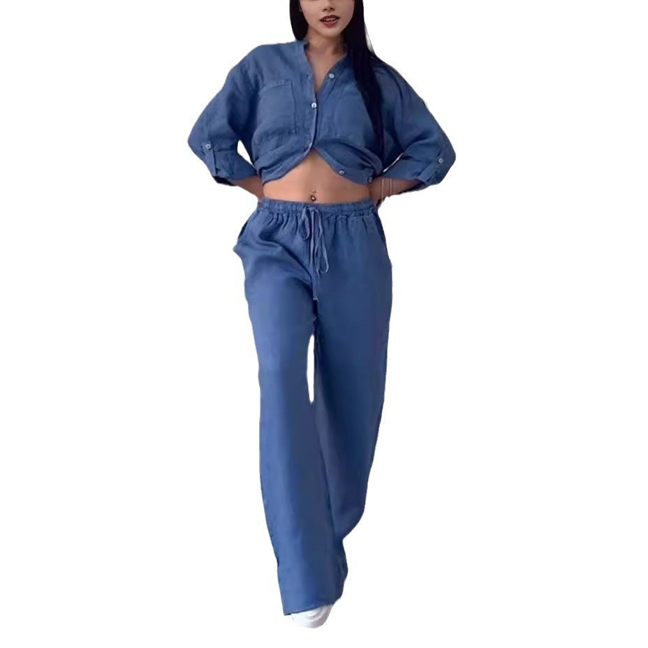 Elegant Women Linen 2 Piece Set Long Sleeve Shirt Wide Leg Pants Plain Color Loungewear Fall Winter Two Piece Matching Outfits 241111