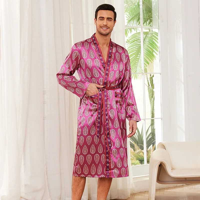 Print Robe Men Stain Sleepwear Loose Peignoire De Douche Homme Mens Bathrobe Satin Sleepwear Loungewear Kimono with Belt C251202