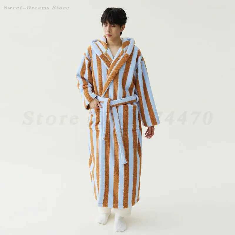 Mens Striped Robe Nightgown Coral Fleece Thick Hooded Bathrobe Kimono Gown Loose Casual Home Wear Winter New Warm Sleepwear C251202