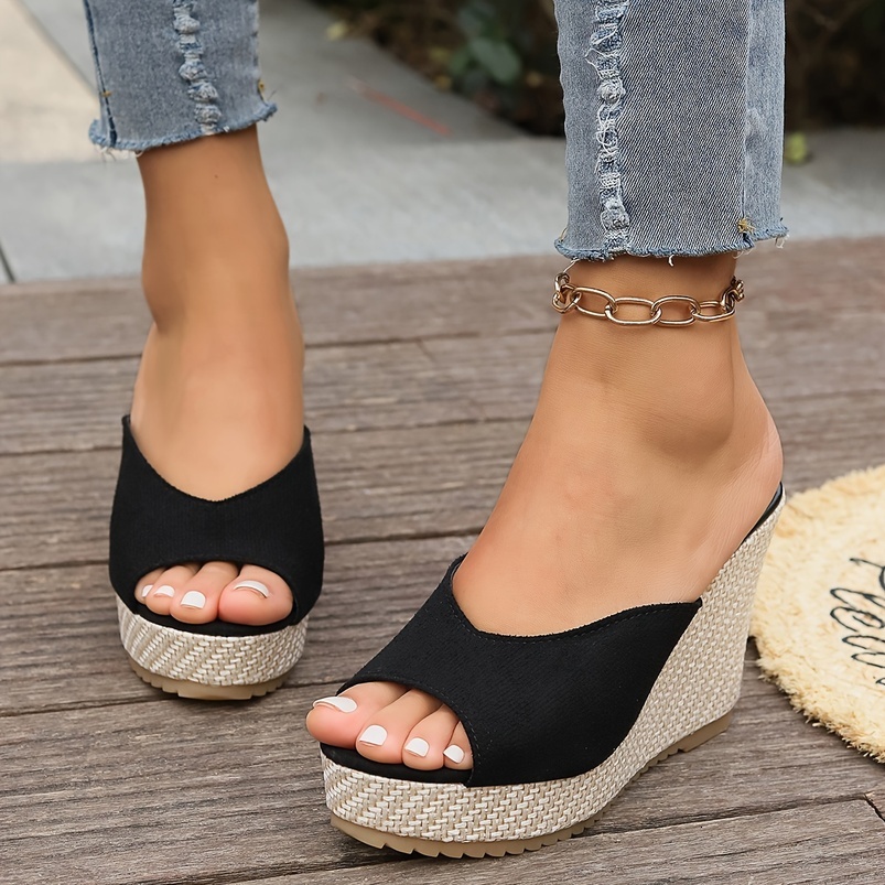 Women's Elegant Fish Mouth Open Overlay Sandals Thick Bottom Slope Heel, Breathable Fabric Upper and Non-slip Rubber Sole, Black and Beige Color 