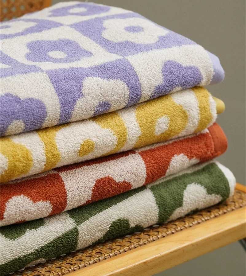 Retro Checkered Flowers Cotton Household Towel Yarn-DyedSoft Absorbent Face Towel Adult Bathroom Towels 70140cm Y251202