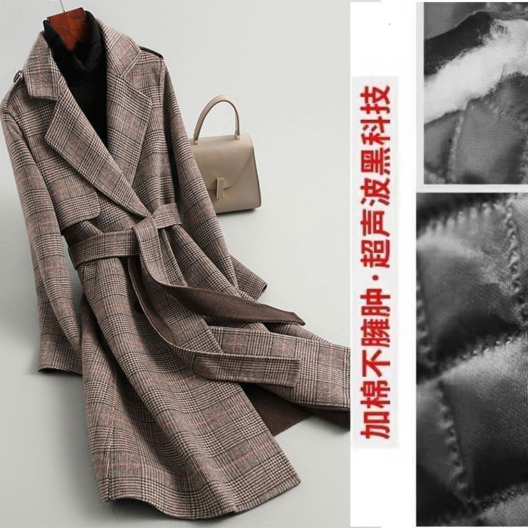 Autumn Winter Arrival Women Warm Wool Coat Fashion Plaid Belted Blends Outwear Female Korean Slim Office Long Coat 201103