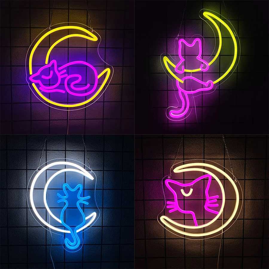 Cartoon Series Neon Signs Moon And Cat Led Aesthetic Icons Usb Powered Used For Room Home Game Room Pet Shop Decor H251201
