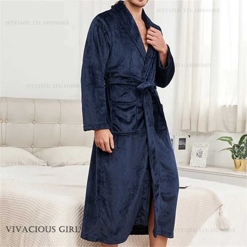 Flanne Mens Long Robe Hooded Kimono Bathrobe Gown Homewear Autumn Winter Thicken Warm Sleepwear Negligee Loose Casual Nightwear C251202