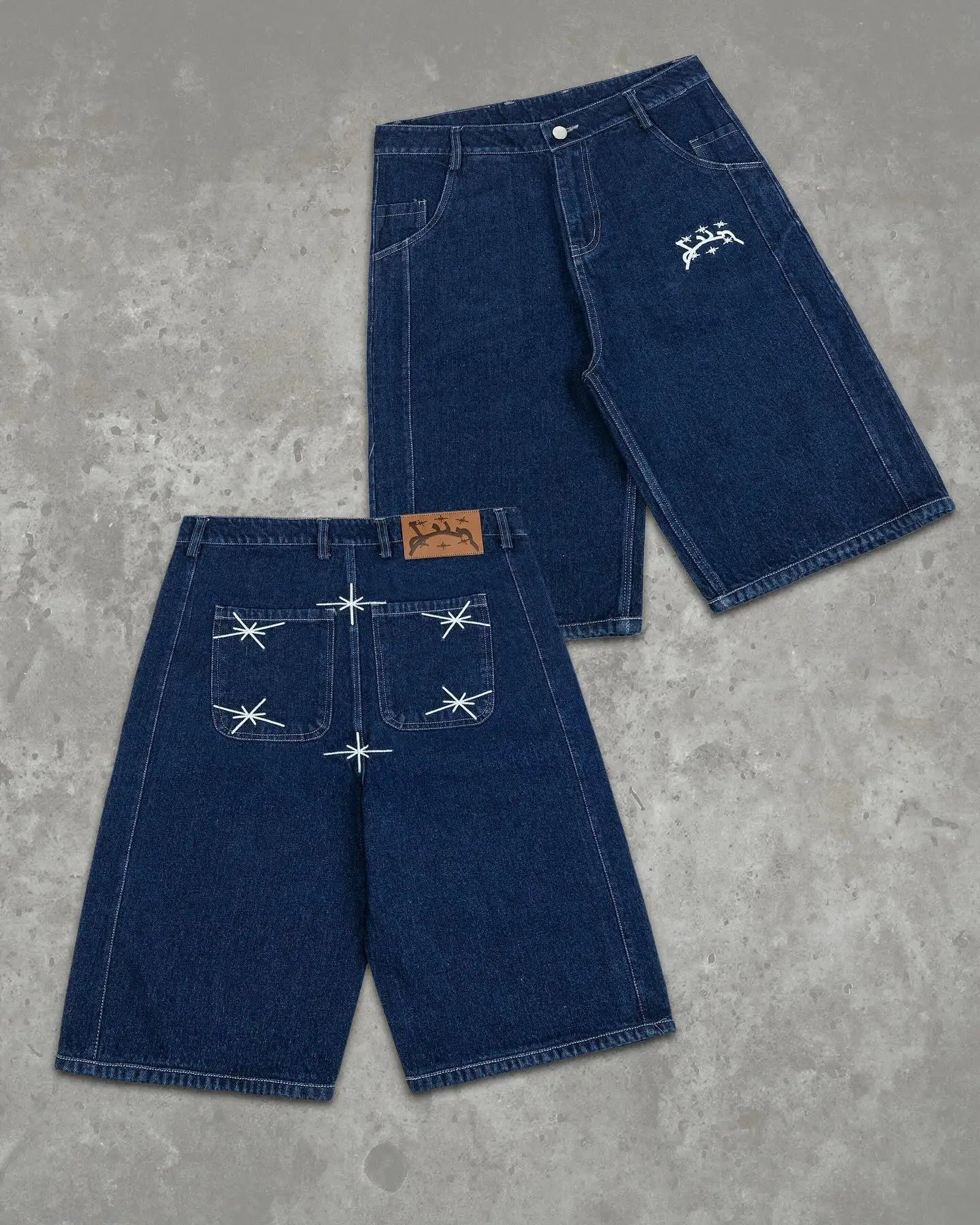 Divin Street Geometry Graphic Embroidery Baggy Denim Shorts Y2k Retro Hip Hop Trendy Gym Shorts Men Women Jorts 251201