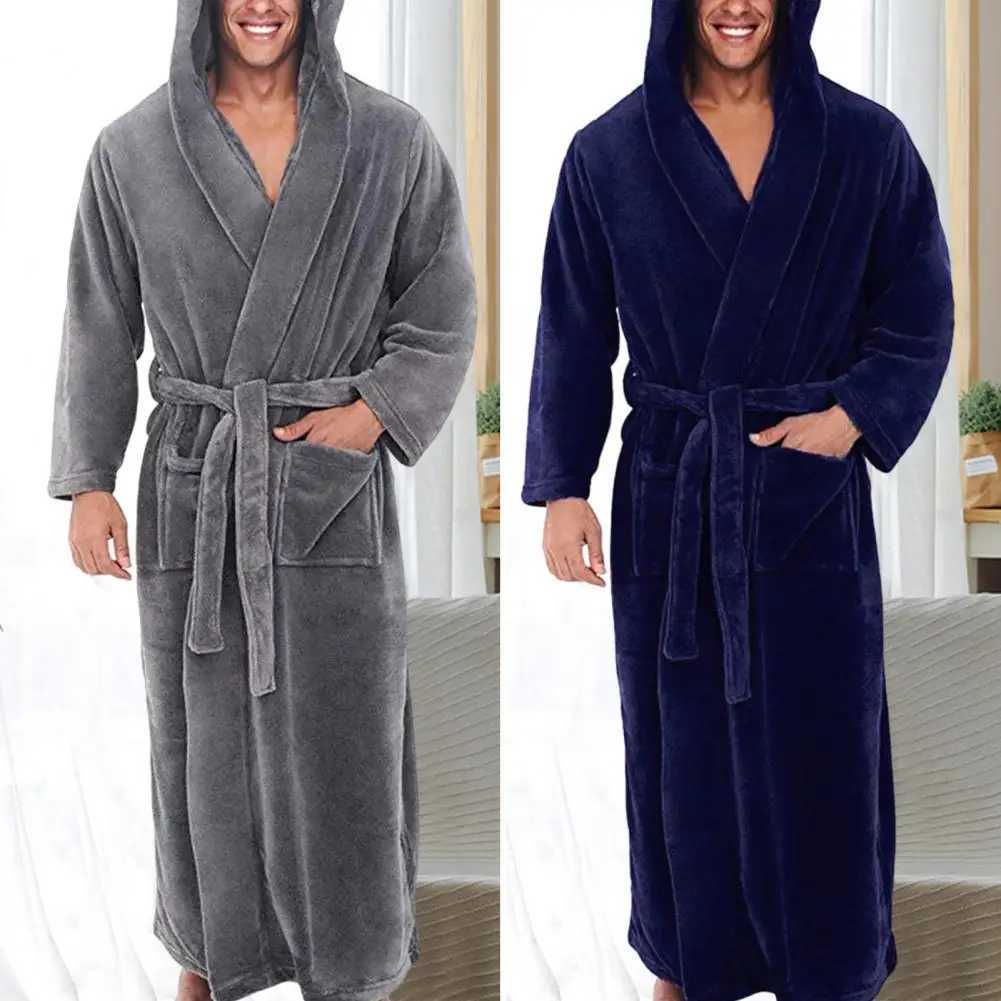 5XL Flannel Men Bathrobe Long Sleeve Plush Bath Robe Shawl Hooded Winter Warm Home Lounge Nightgown Home Clothes Gown Sleepwear C251202