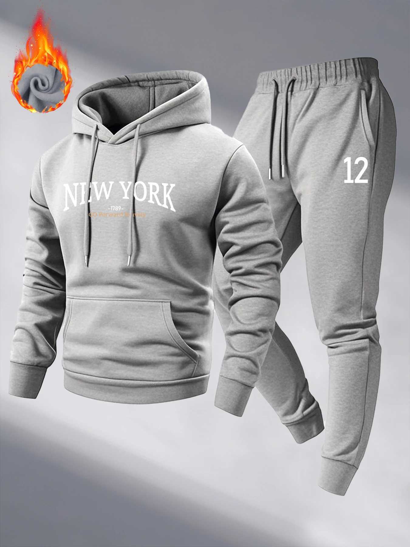 Mens Autumn and Winter Pattern Casual Two-Piece Set Hooded Sweatshirt and Pants with Pockets Regular Fit Outdoor Sport Suit W251202