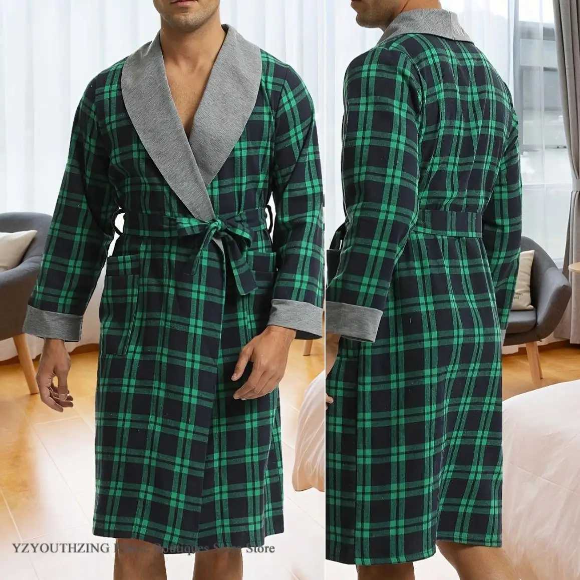 Autumn Men Robe Kimono Gown Bathrobe Gown Loose Casual Male Home Clothing Sleepwear Green Plaid Loungewear Nightwear Negligee C251202