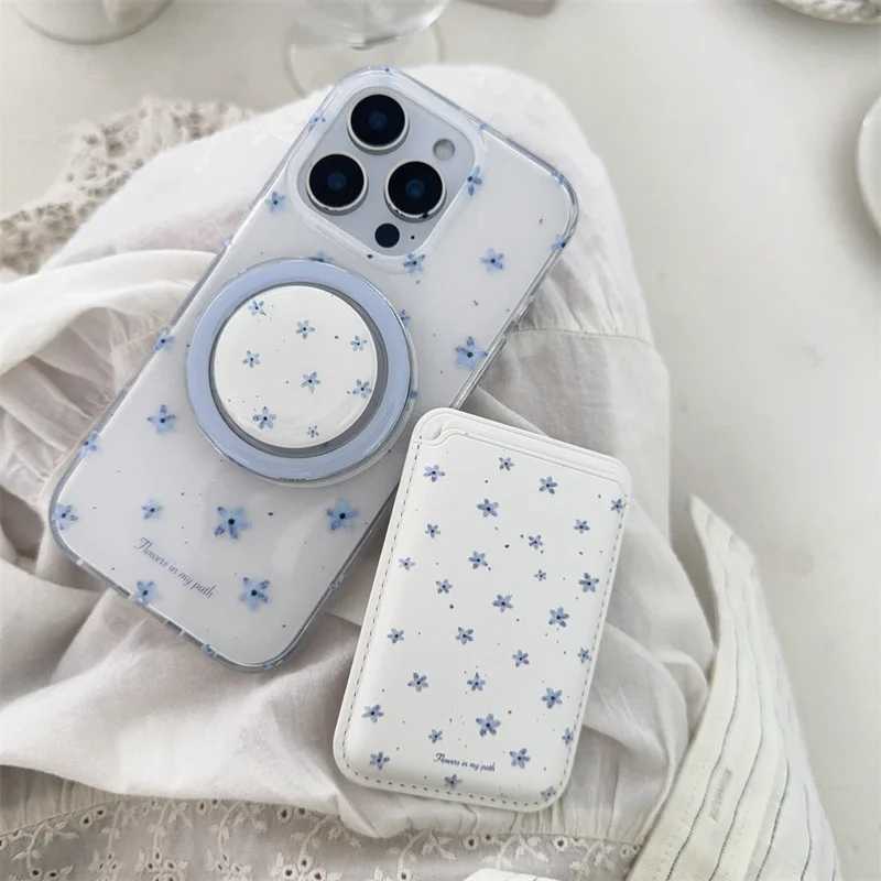 Korean Ins Flower Magnetic Stand Phone Case For iPhone 16 Pro 15 14 13 Pro Max Cover with Card Holder Cute Cases Funda J251202