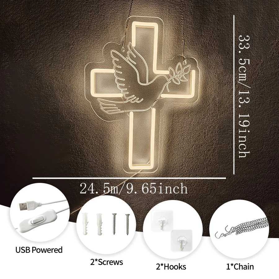 Cross Led Neon Sign Warm White Dove Icon Usb Powered For Jesus Church WeddingHome Easter Activities Decor Easy To Hang H251201