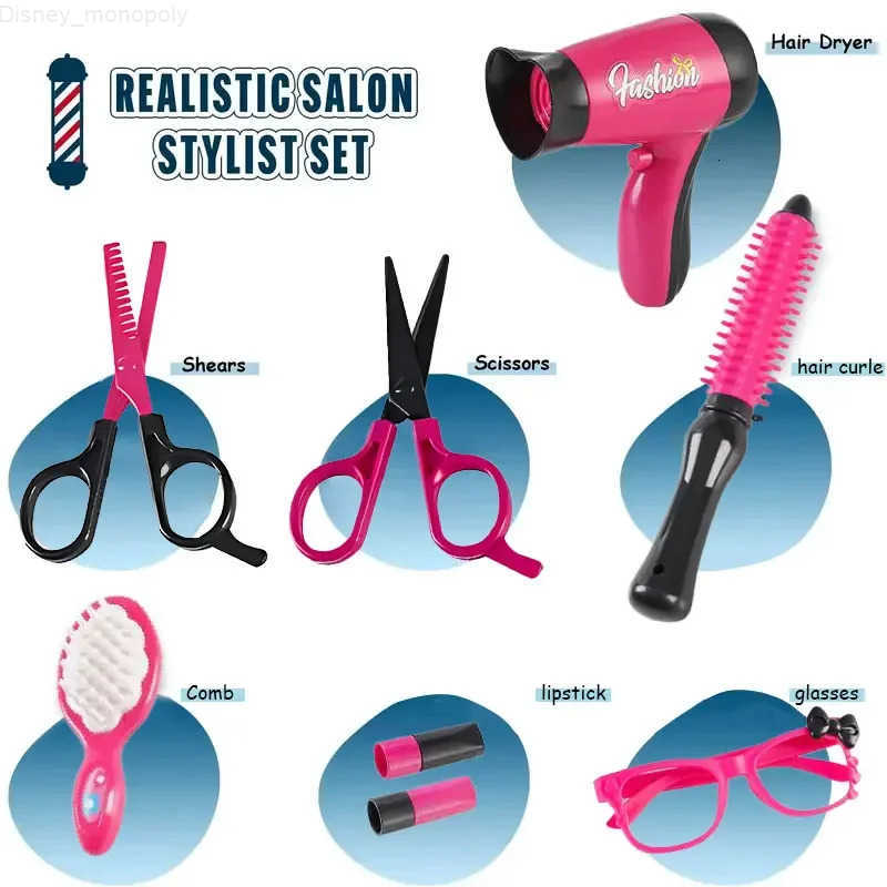 Disney Girls Beauty Salon Set Hairdresser Toy Pretend Play Hair Cutting Kit With Hair Dryer Scissors Apron And Stylin Accessories H251202
