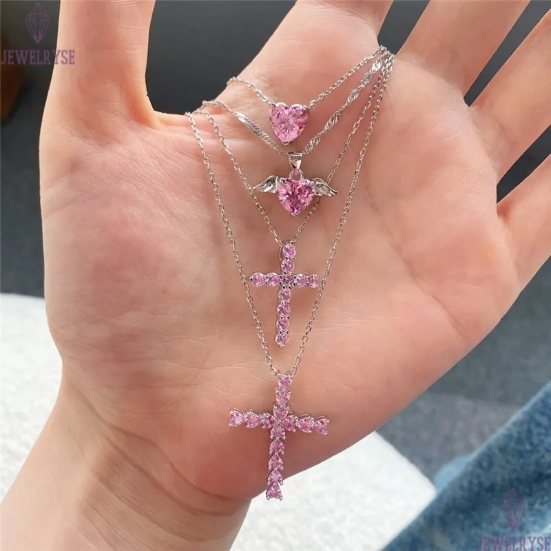 pink diamond heart cross necklace desinger for woman party s925 sterling silver luxury jewelry 5A zirconia womens love choker necklaces friend birthda