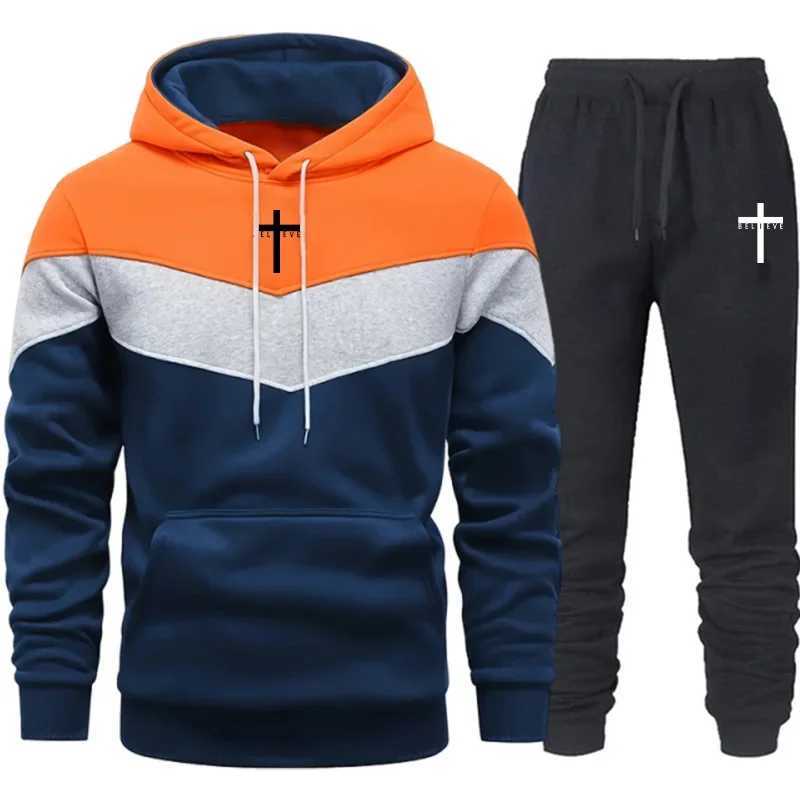 Jesus Cross Men Casual Sportswear Set Hooded Sweatshirt Winter Jogger Tracksuit Autumn Urban Fashion Hoodies Black Sweatpants W251202