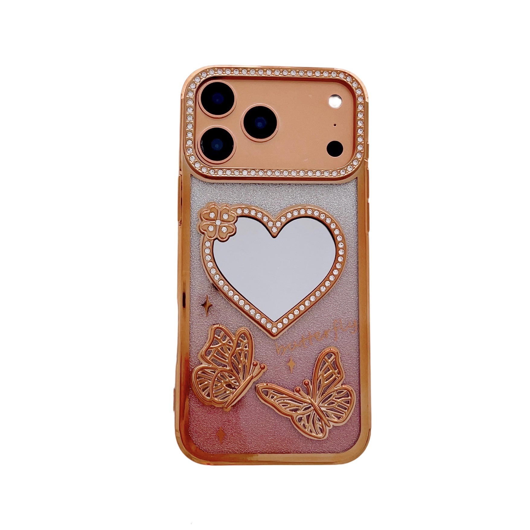 Electroplated Heart Mirror Butterfly Phone Case iPhone 17 Pro Max Compatible with Apple 16/15 Gradient Water Ripple Paper Case
