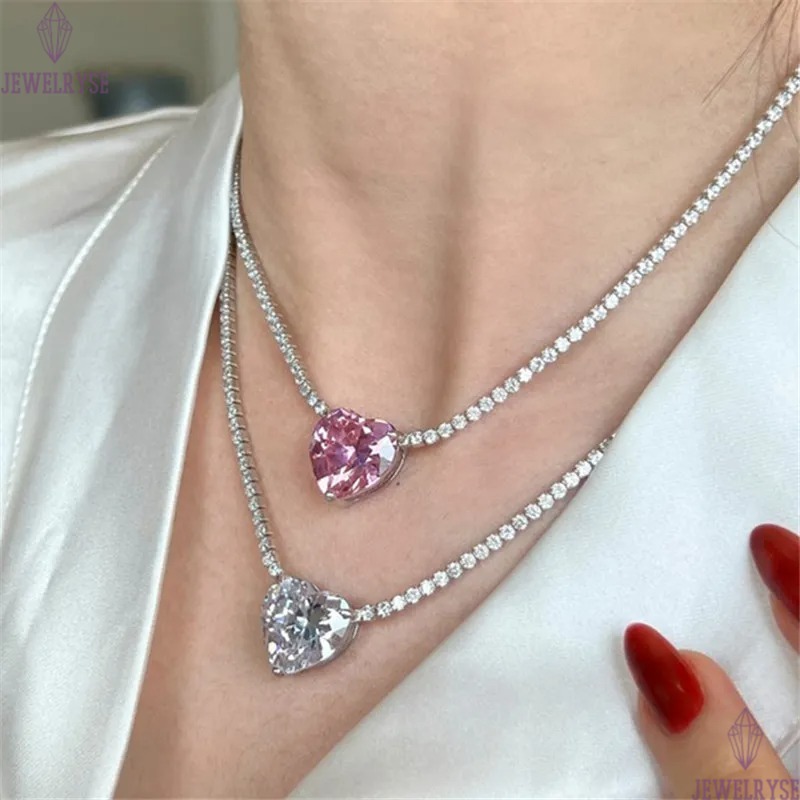 luxury diamond heart tennis necklace designer for woman 925 sterling silver chain pink white 5A cubic zirconia charm necklaces womens chokers jewelry 