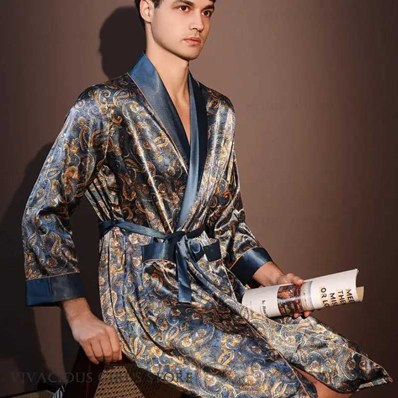 Pajama Mens Robe Kimono Gown Bathrobe with Pockets Print Sleepwear Home Clothing Spring Autumn Satin Nightwear Loose Loungewear C251202