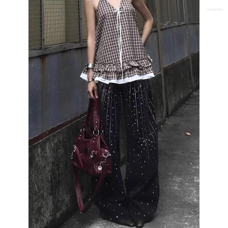 Women's Jeans YIBASHU Women Vintage Black Goth Y2k Rhinestone 2025 Autumn Harajuku Baggy Denim Trousers Japanese 2000s Grunge Jean Pants Z260313