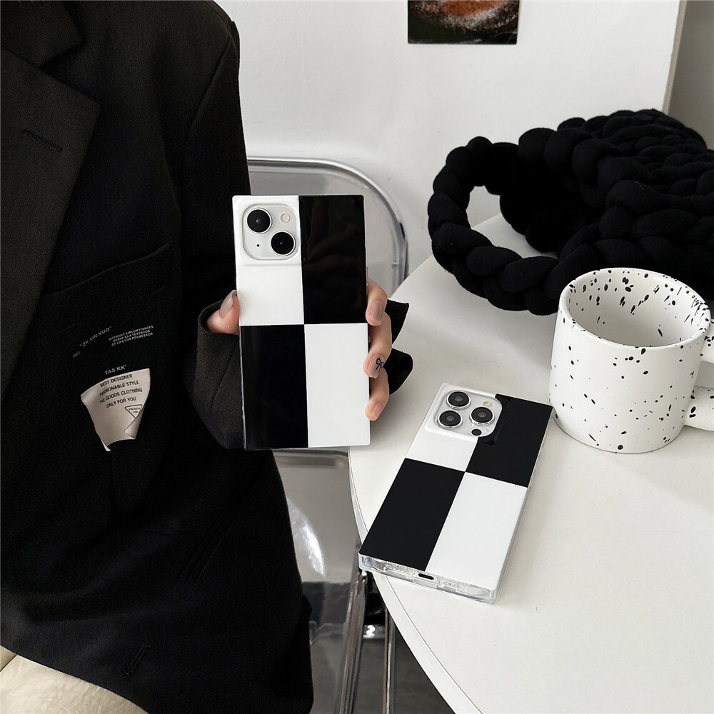 Black and White Large Plaid Phone Case Compatible with iPhone 17/16/15 Pro Max Niche Simple Square Case iPhone 14/13