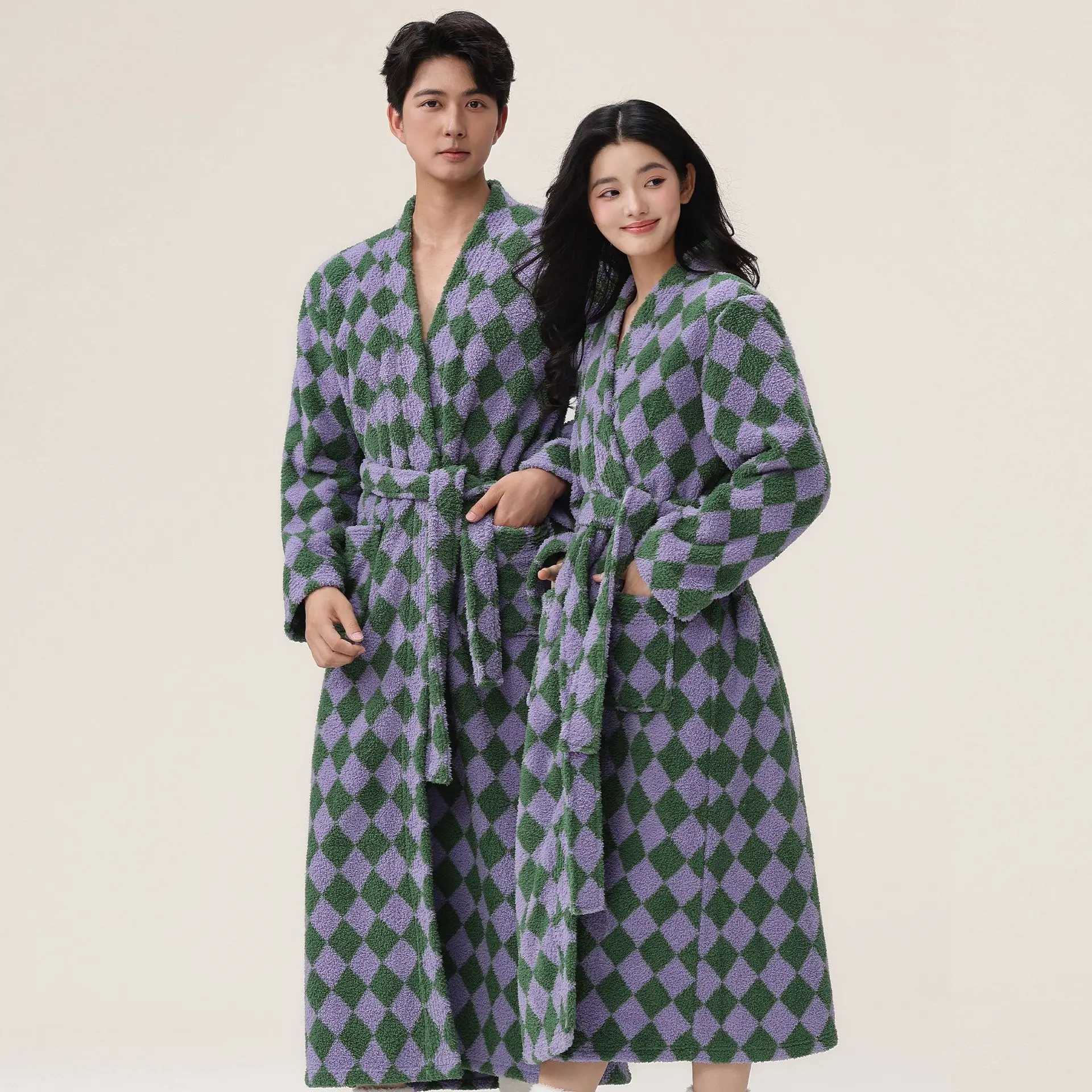 2025 New Couple Bathrobe Autumn and Winter Thick Long Pajamas Coral Fleece Home Clothes C251202