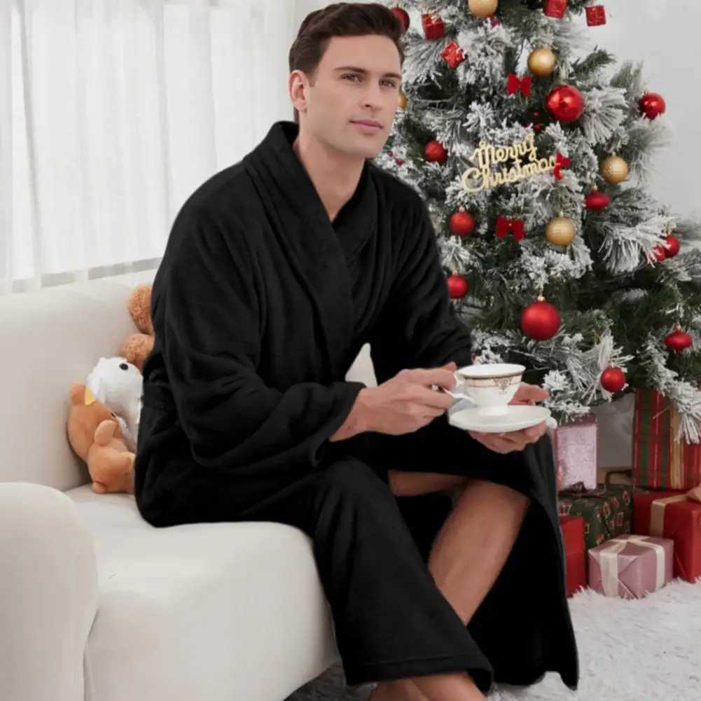 Flannel Bathrobe Waist Tie Nightgown Lapel Long Sleeve Flannel Long Bathrobe Couple Loungewear Bath Robe Nightwear C251202