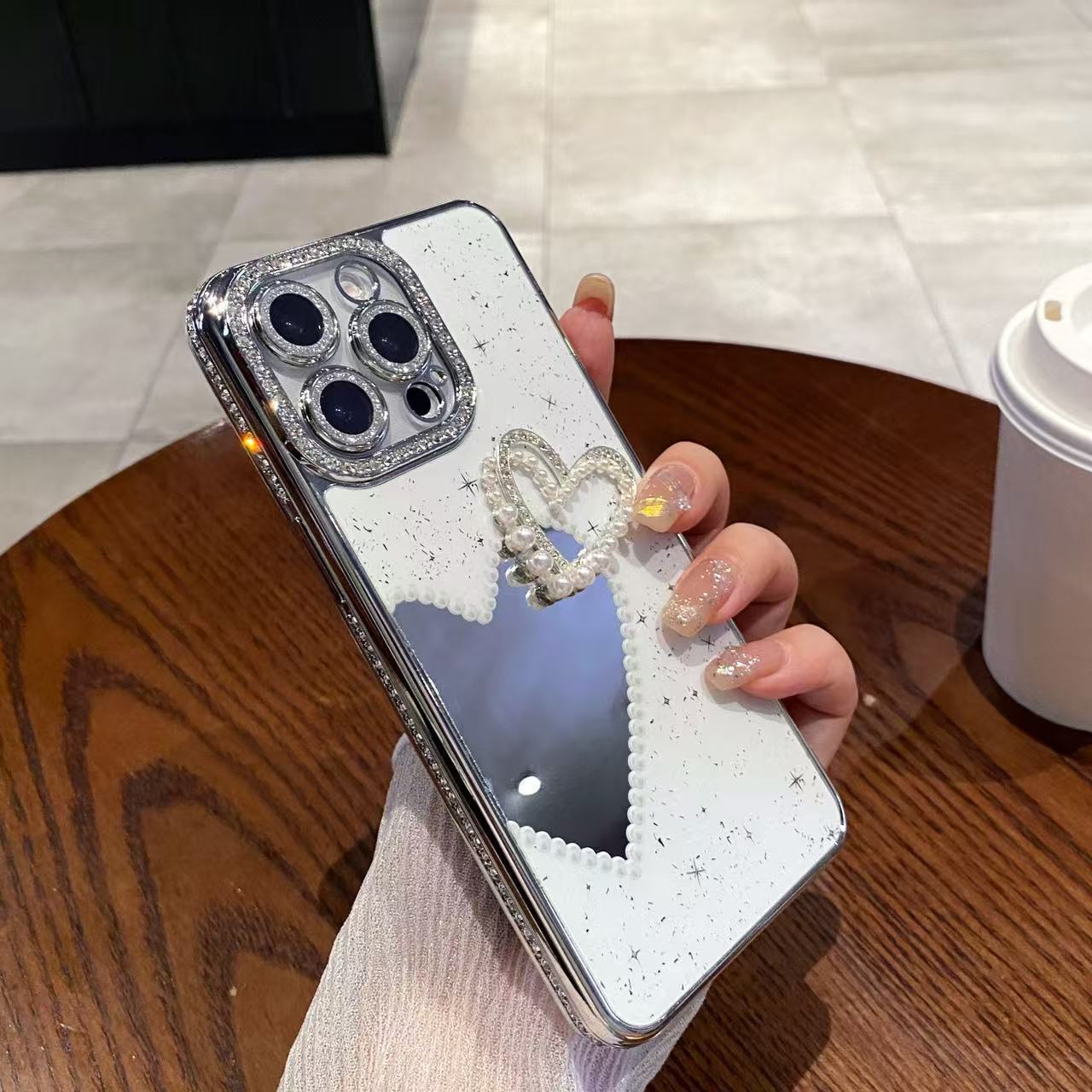 Pearl Heart Makeup Mirror Phone Case iPhone 16 Pro Max Compatible With Apple 15/14/13 Pro Electroplated Sparkling Diamond Case