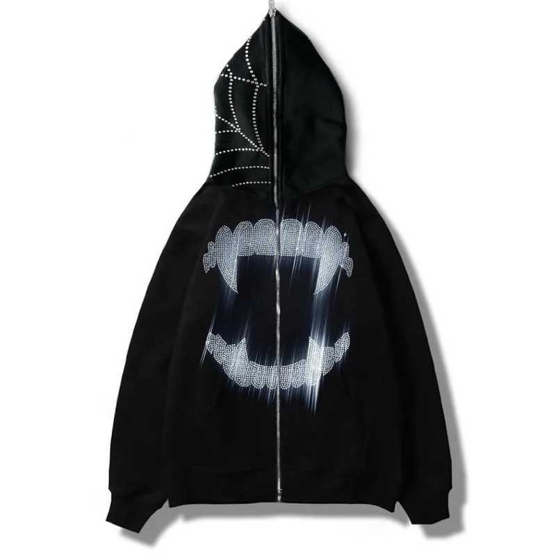 Y2K Rhinestone Cobweb Zip Up Oversized Sweatshirt 2022 Autumn Goth Hoodie Men Women Grunge Hooded Jacket Streetwear Y2K Clothing J251203