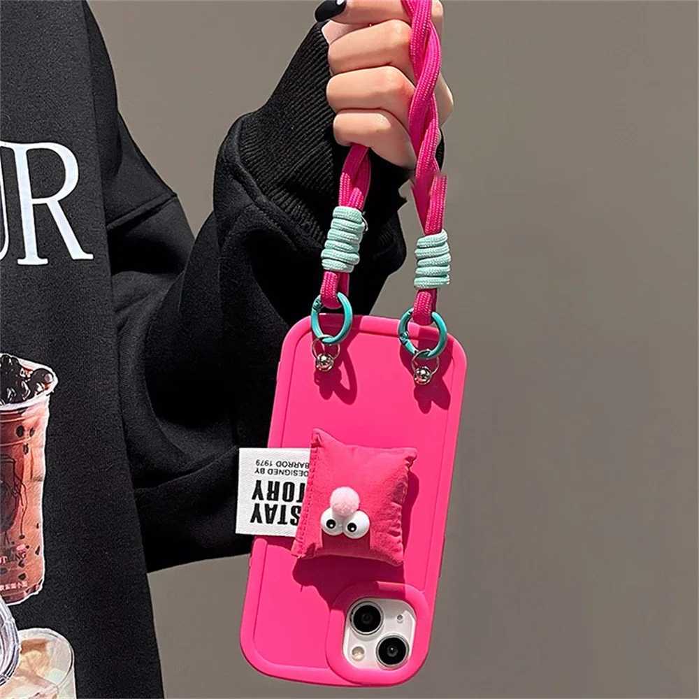 Cute Cartoon 3D Pillow Nylon Wristband Hot Pink Case For iPhone 15 14 13 12 11 Pro Max X XR Lovely Shockproof Soft Cover J251202