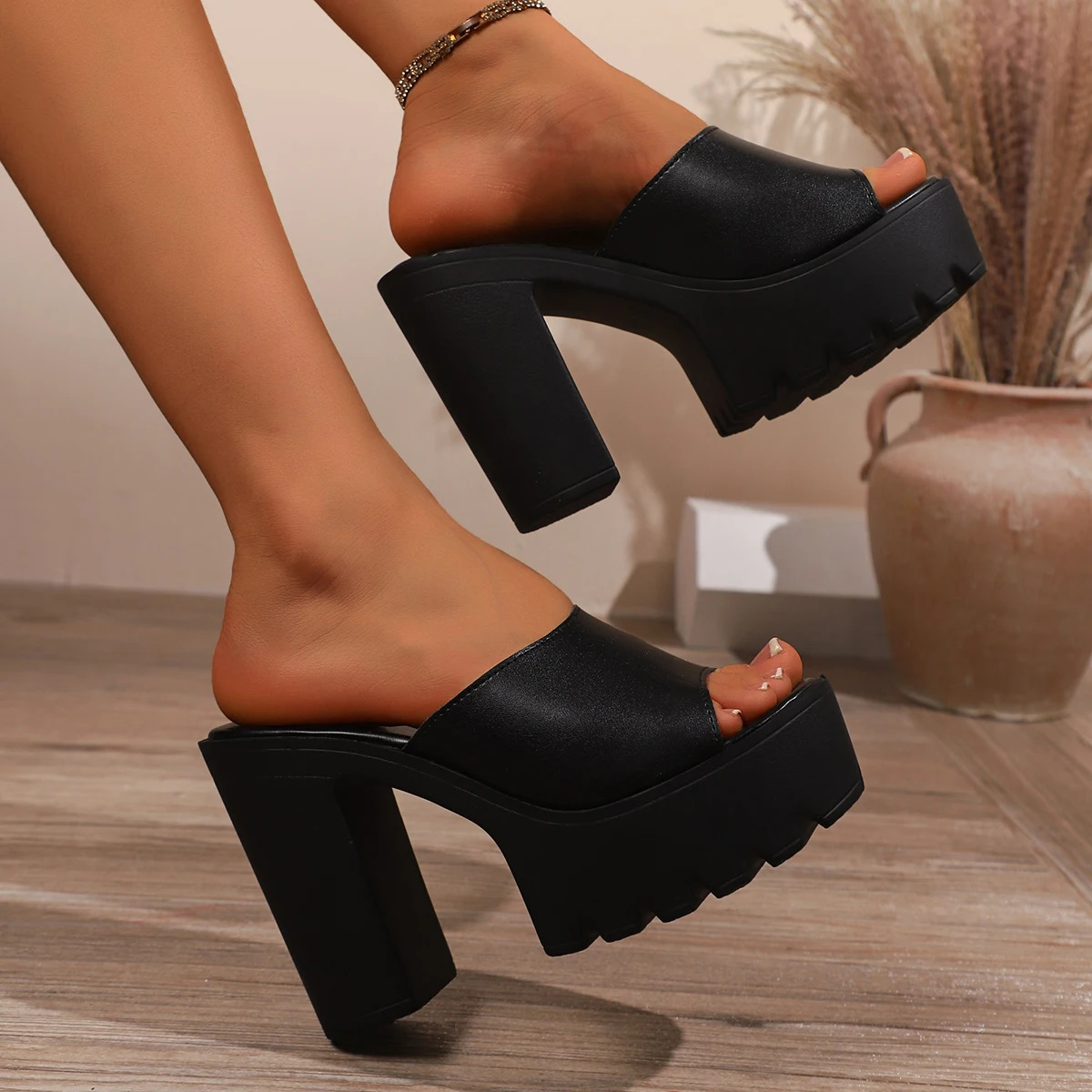 Square Heel Platform Slippers Mules Women Outdoor Slides Peep Toe Slip on Sandals Shoes Black High Heels Footwear 251201