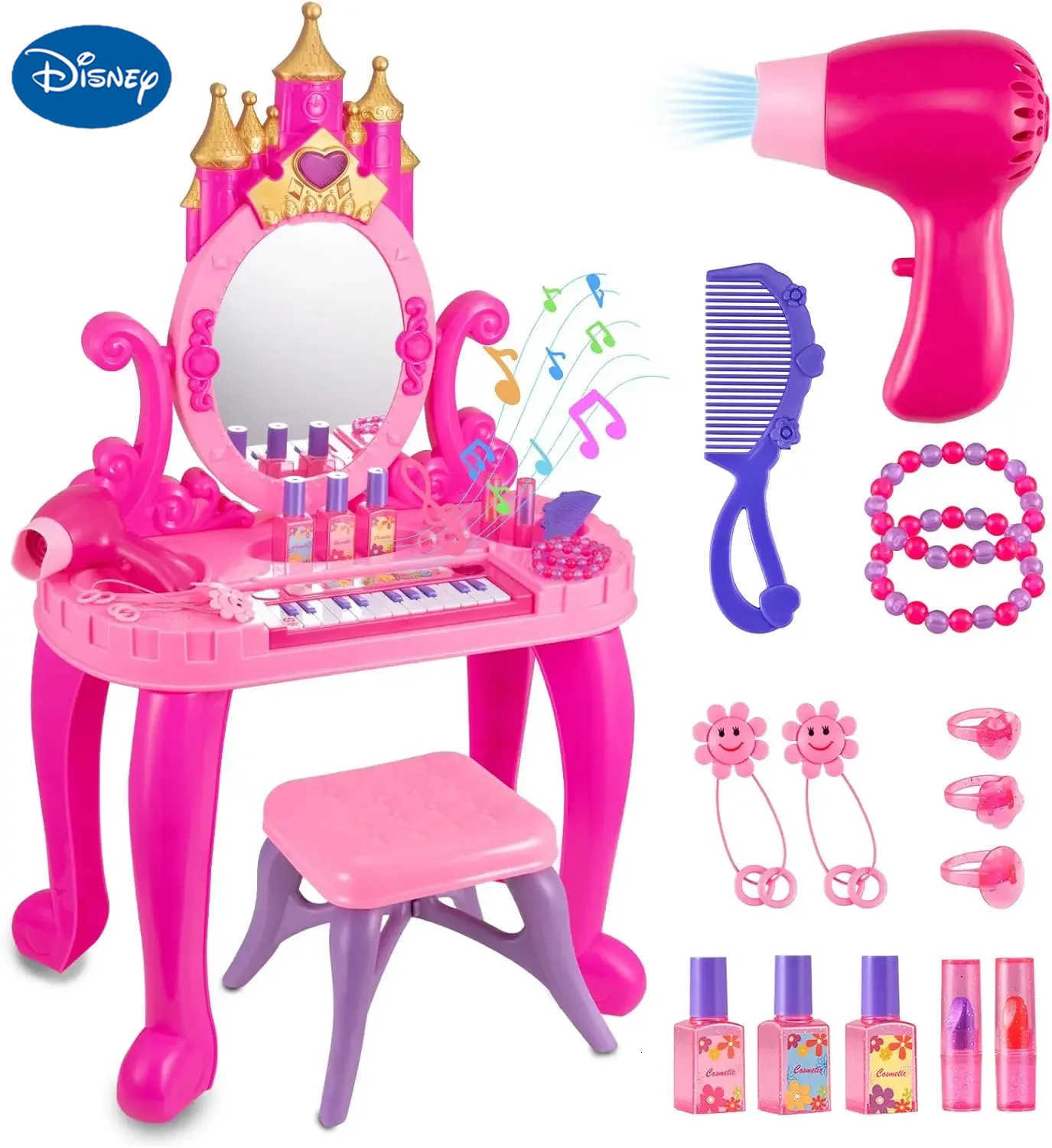 Disney Vanity Makeup Table Toy with Adjustable Mirror Comfortable Seat Electronic Organ Lights for Little Girls Toddler Vanity Set H251202