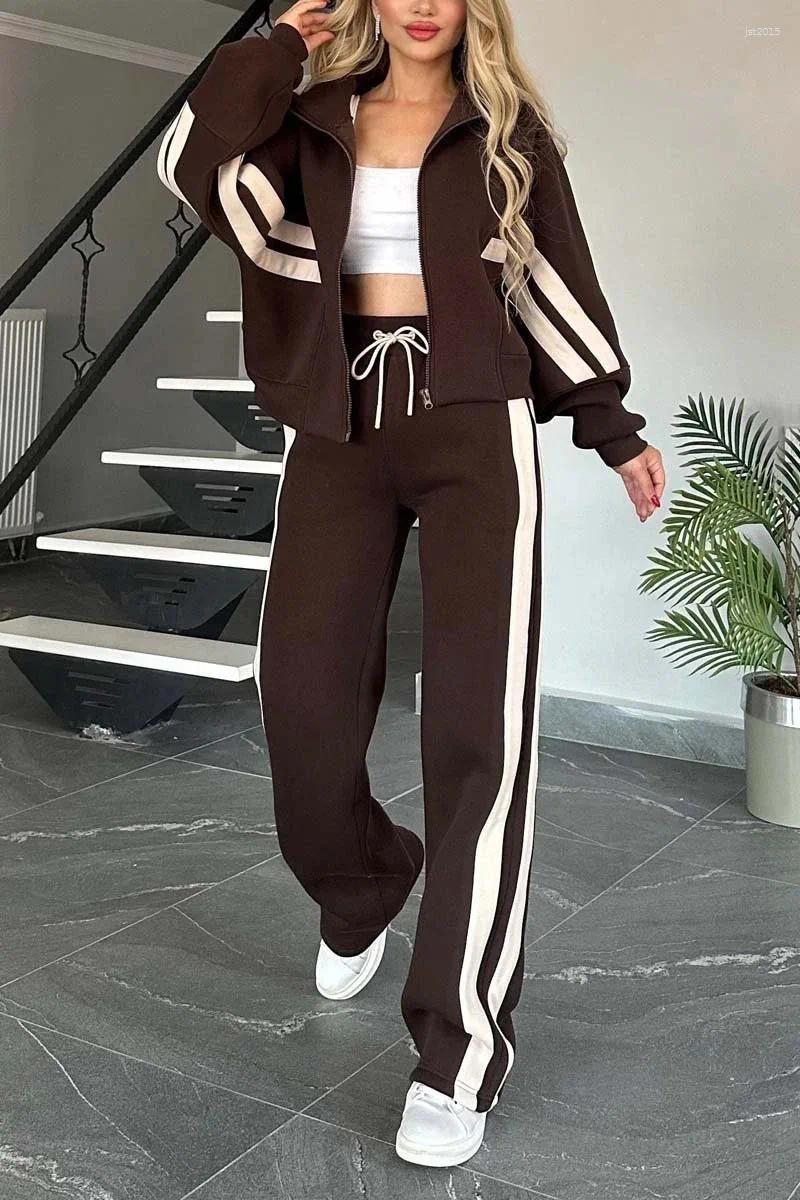 Women's American Striped Zipper Tracksuit Casual Fashion Long Sleeve Stripe Pattern Coat Comfortable Leisure Style Tow-piece Set Autumn Winter
