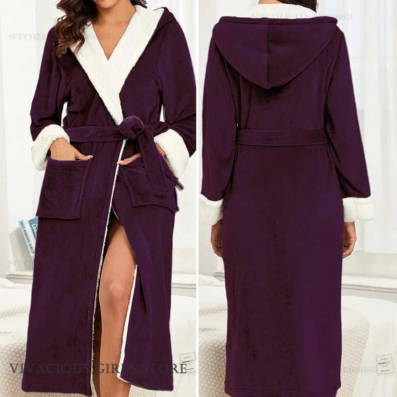 Autumn Winter Flannel Hooded Long Robe Womens Sleepwear Nightgown Thicken Warm Bathrobe Home Dress Loose Coral Fleece Nightwear C251202