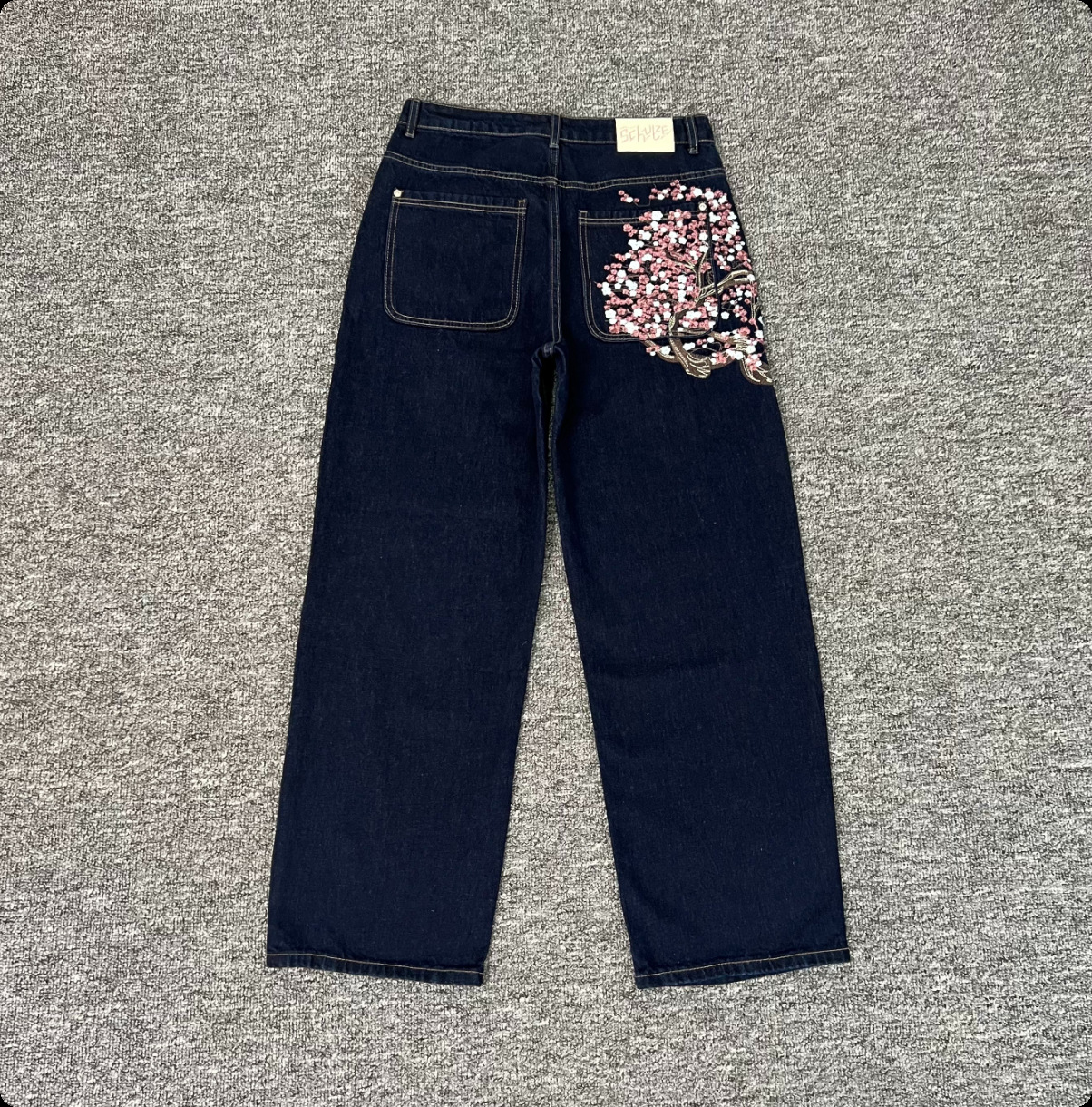 Men's Jeans Derschutze Blossom High Quality Embroidered Luxurious Design Vintage Street Hip Hop Gothic Loose Casual Denim Trousers Couples Baggy 