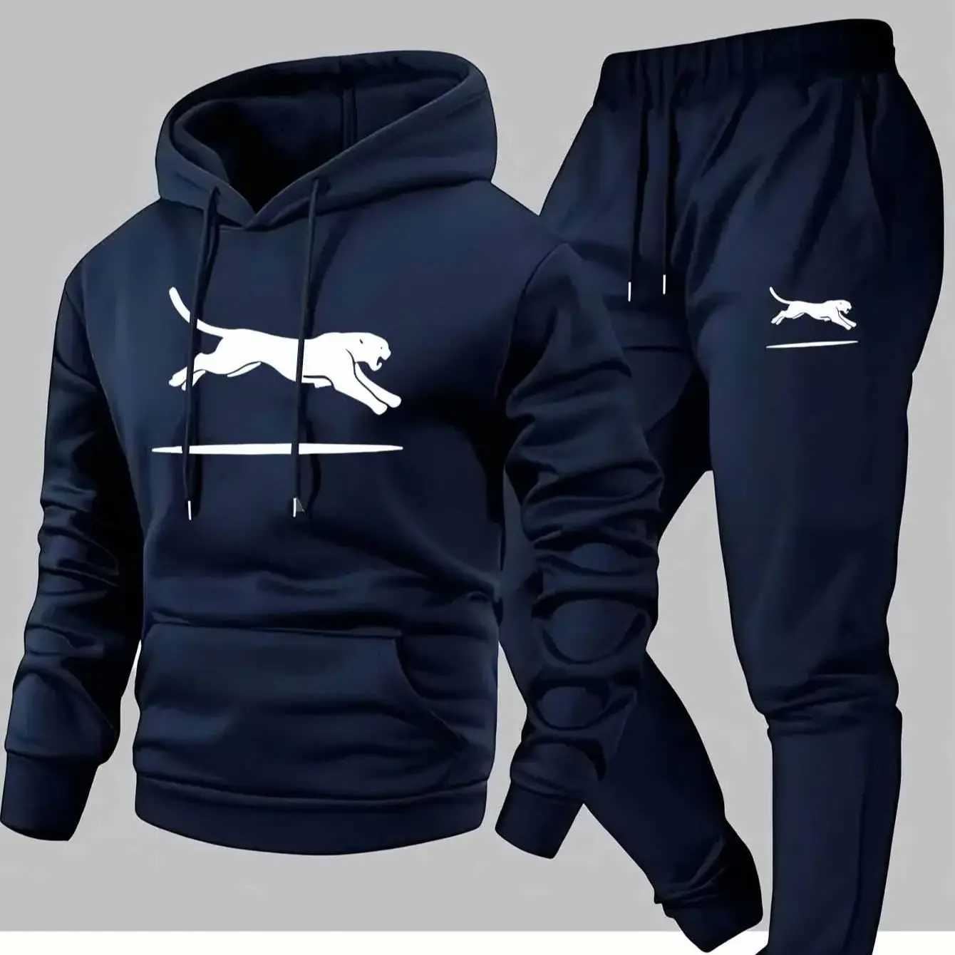 Casual Cargo Sweatshirt Jogger Set Black White Leopard Print Soft Comfort Fabric Loose Fit Hooded Pullover Multiple Pockets W251202