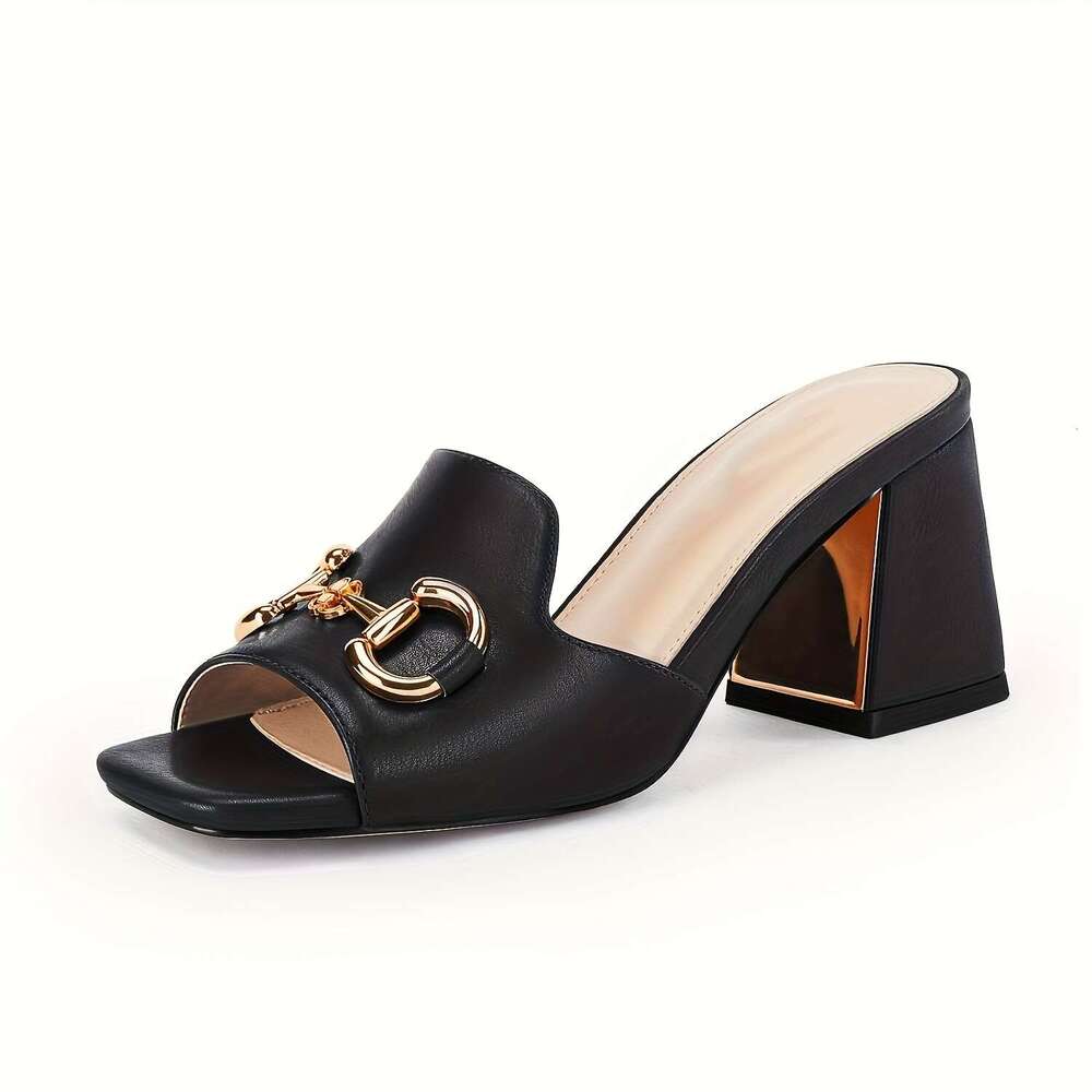 Women's Sandals Peep Toe Slides Chunky Heel Mules Single Band Comfort Slip-On Shoes With Metal Chain For Spring Summer