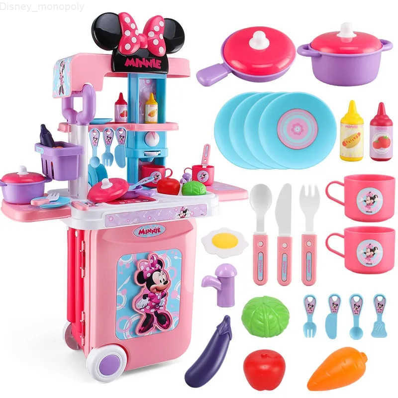 Disney Kids Play Home Kitchen Toys Minnie Mouse Trolley Box Cooking Rice Simulation Kitchenware Tableware Girl Birthday Gift H251202