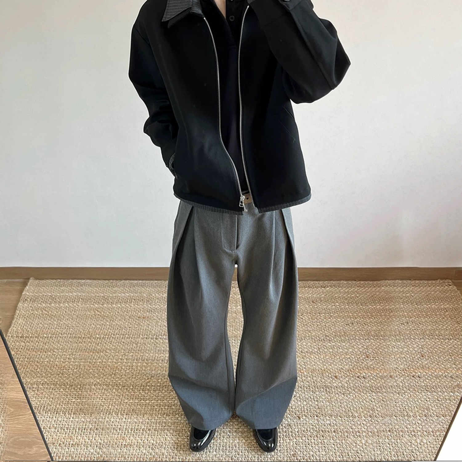 JMWH Three-Dimensional Racer Pleat A-Line Silhouette Scimitar Trousers TR Blended Commuting Cleanfit Drape Casual Long Pants 250929