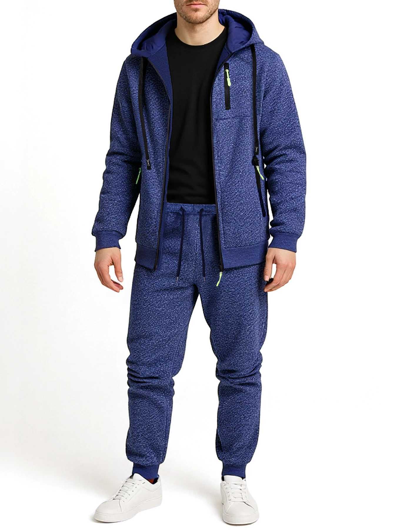 New Autumn Two-piece Mens Sportswear Solid Color Daily Hooded Sweatshirt Sweatpants Jogging Suit Zipper Jacket and Pants Set W251202