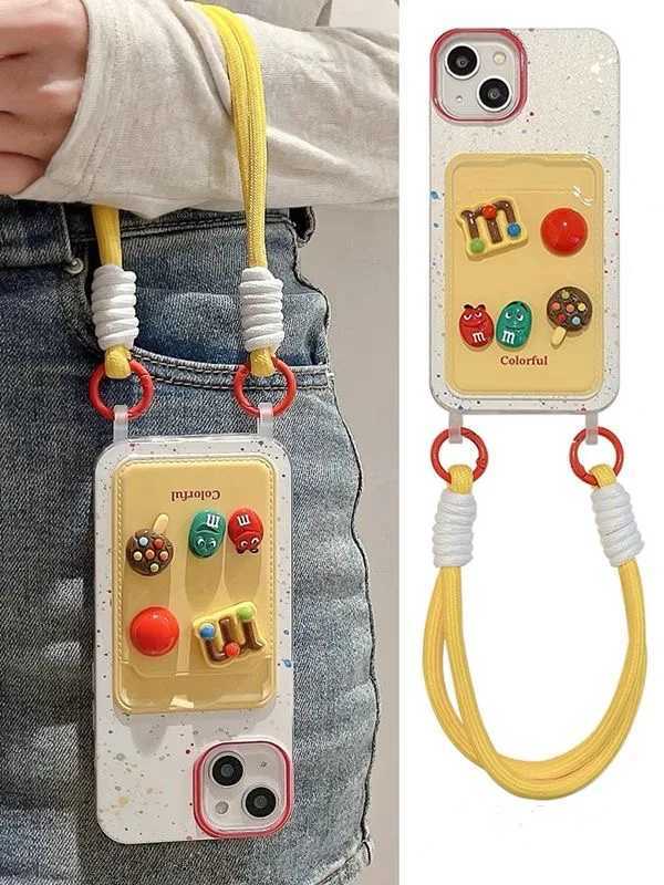 Kawaii 3D Candy Beans for iPhone 16 Plus 15 Pro Max 11 12 13 Mini XS XR 7 8 SE Card Holder Cartoon Soft Phone Case With Lanyard J251202