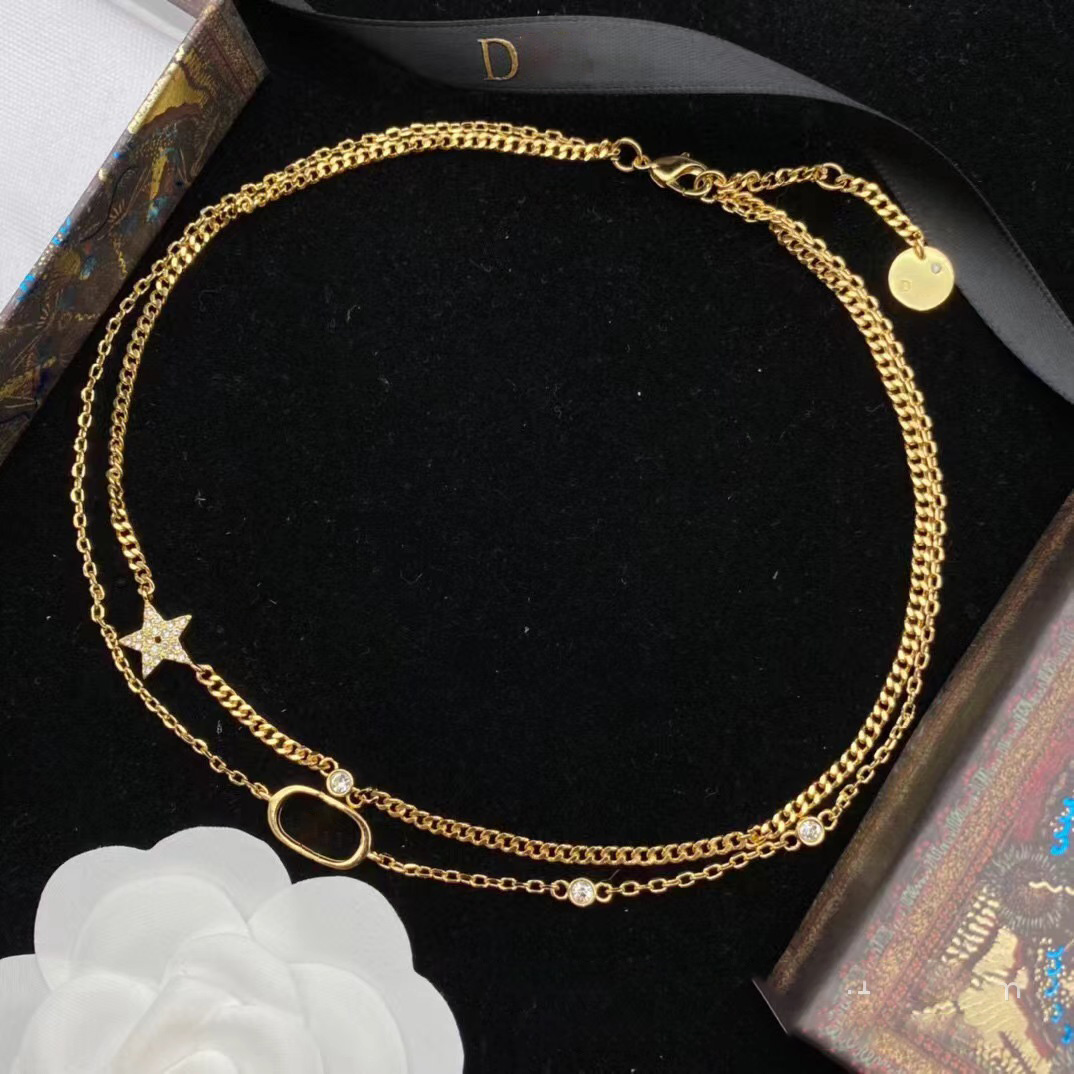 Star Letter Diamond Designer Necklace Double layer women Luxury Jewelry Set bracelet Stainless Chain Gold plated 18K Choker All match Wedding party Gift