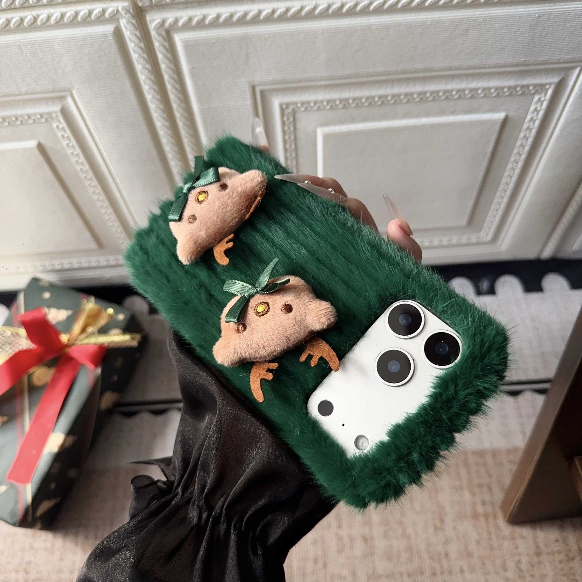 Christmas Fluffy Soft Fur Warm Phone Case for iPhone Air 11 12 13 14 15 16 17 Pro Max 3D Cute Furry Elk Deer Cover Xmas Gifts J251202