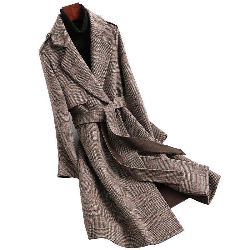 Autumn Winter Arrival Women Warm Wool Coat Fashion Plaid Belted Blends Outwear Female Korean Slim Office Long Coat 201103