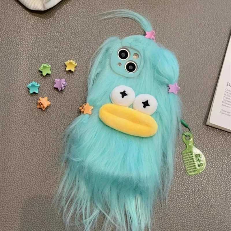Korean Funny Fluffy Plush Monster Case For iPhone 17 Pro Max Case 16 15 14 13 12 11 Cute Girl Winter Warm Cover Fur Soft Coque J251202