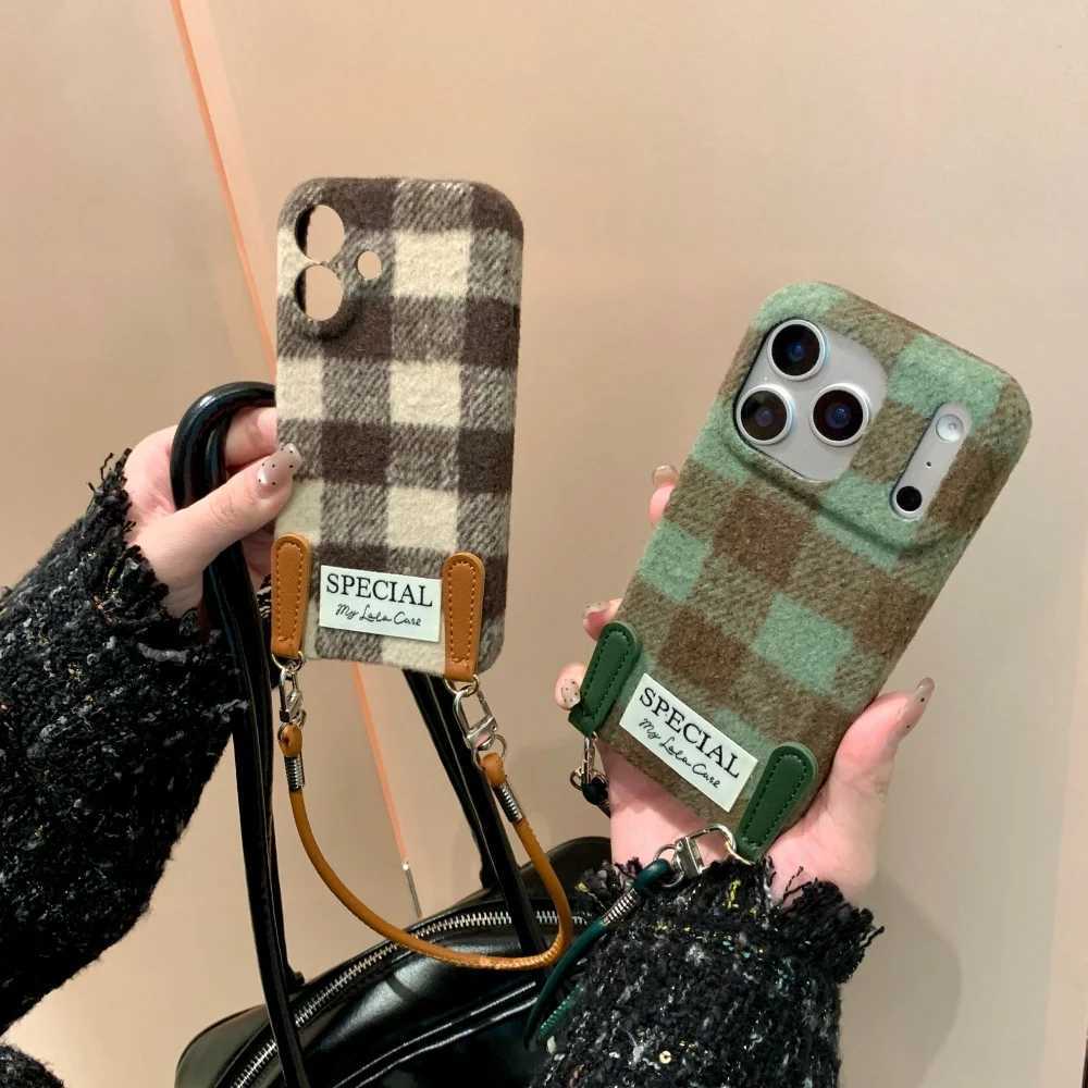 New Autumn Winter Checkered Plush Lanyard Phone Case For iPhone 17 Pro Max 16 15 14 13 Pro Max Wristband Fluff Shockproof Cover J251202