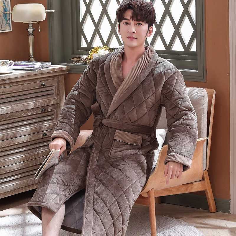 Mens Winter Plush Quilted Lengthened Shawl Bathrobe Home Clothes Long Sleeved Robe Coat men robe thick pijamas hombre robes 3XL C251202
