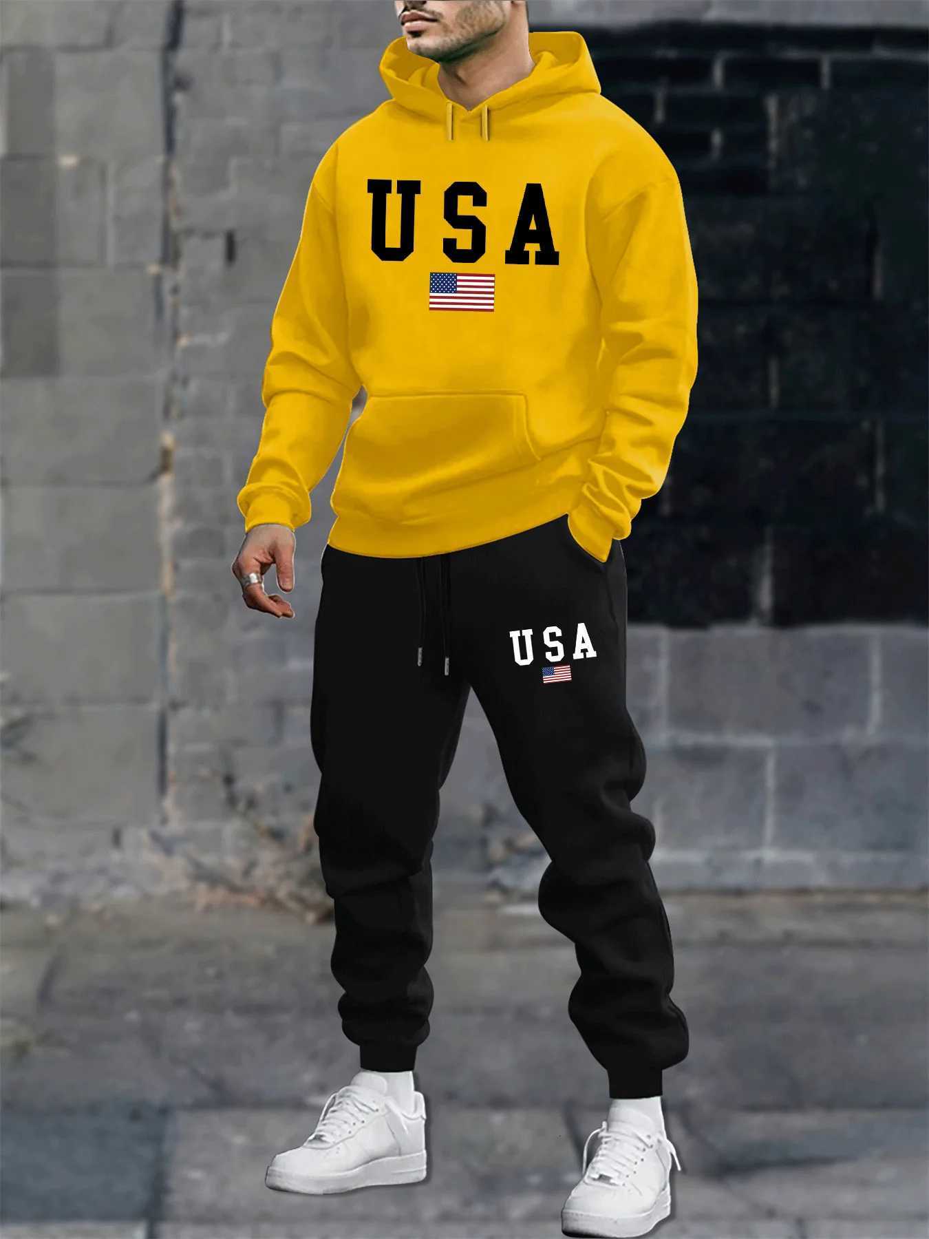 Mens autumn and winter casual fashion warm American flag USA pattern print loose plush thick hooded sweatshirtsweatpants set W251202