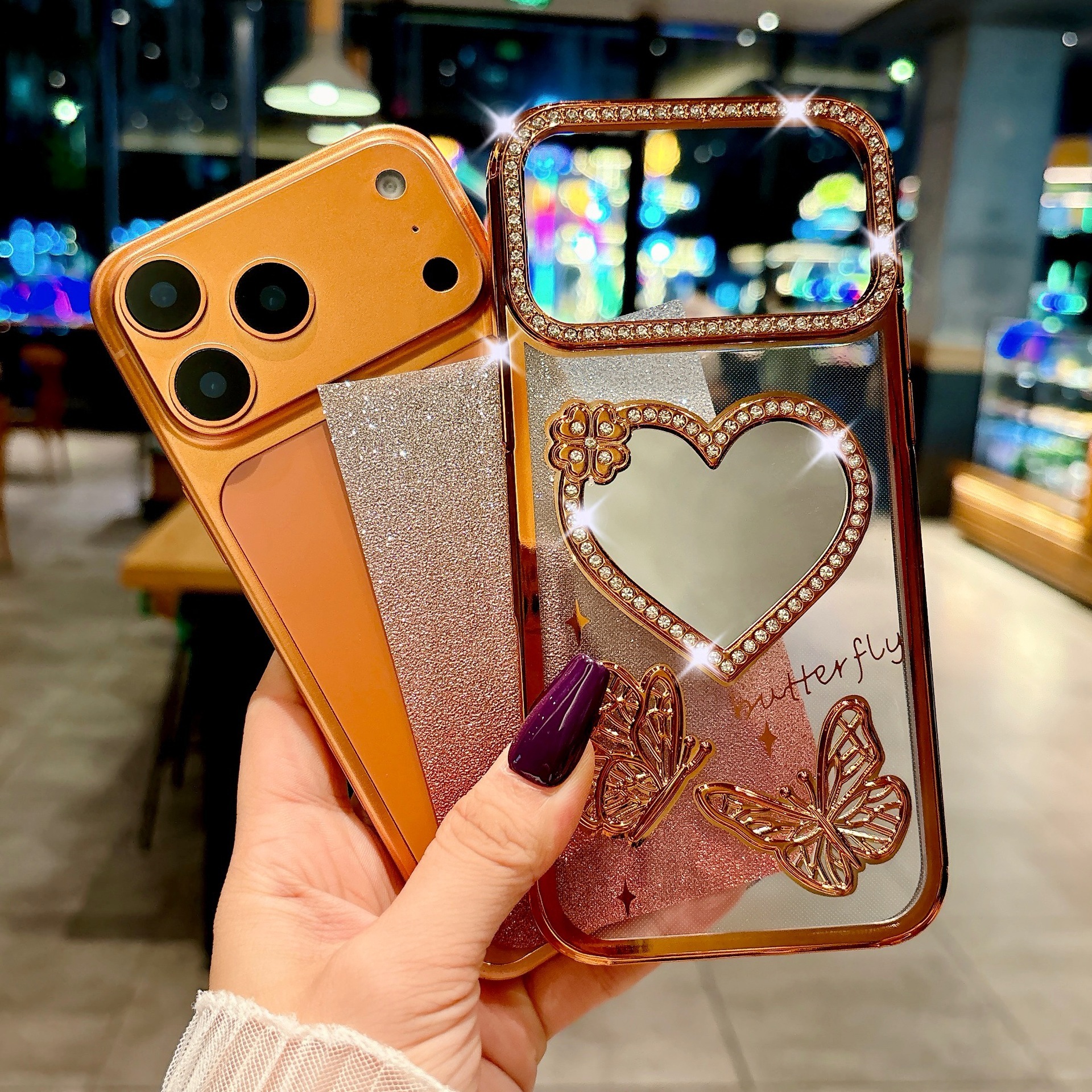 Electroplated Heart Mirror Butterfly Phone Case iPhone 17 Pro Max Compatible with Apple 16/15 Gradient Water Ripple Paper Case