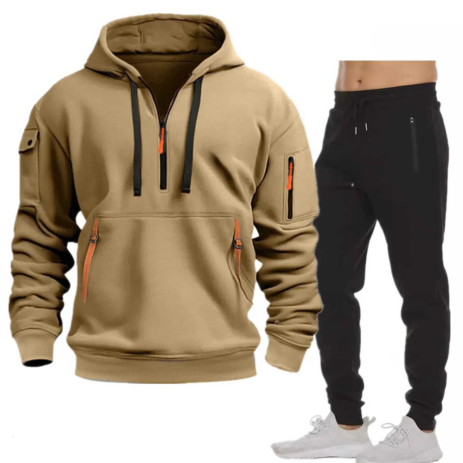 New Multi-pocket Men Autumn Winter Set Half zip Hoodie Pants Pieces Suit Casual Mens Sportswear Warm Clothing Suit W251202