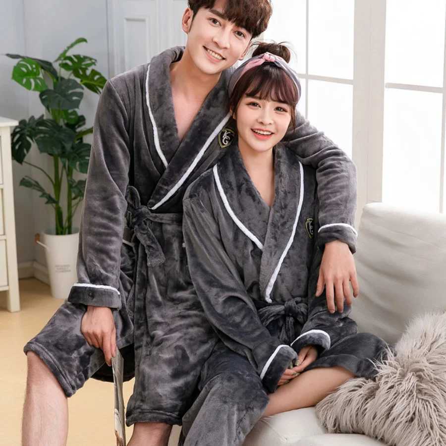 Winter Thick Coral Fleece Couple Robe Sleepwear Plush Warm Flannel Kimono Bathrobe Gown with Pocket Men Homewear Lounge Wear C251202