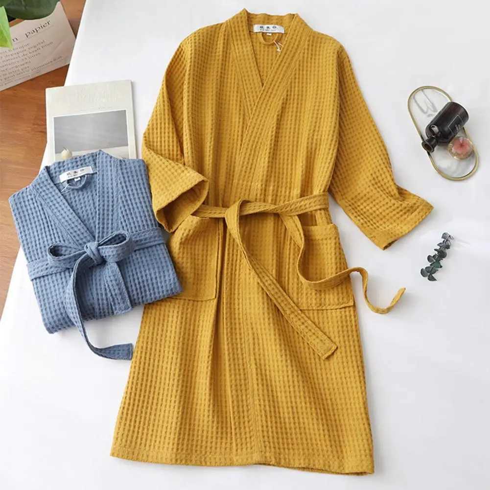 Long Waffle Bathrobe Unisex Mens V Neck Lace-up Nightgown with Pockets Loose Long Sleeve Sleepwear Towel Bathrobe for Hotel C251202